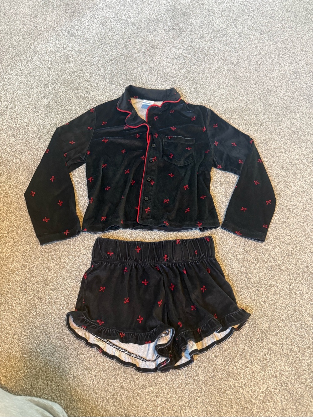 art class Black Velvet Pajama Set with Red Bow Accents. Medium 8